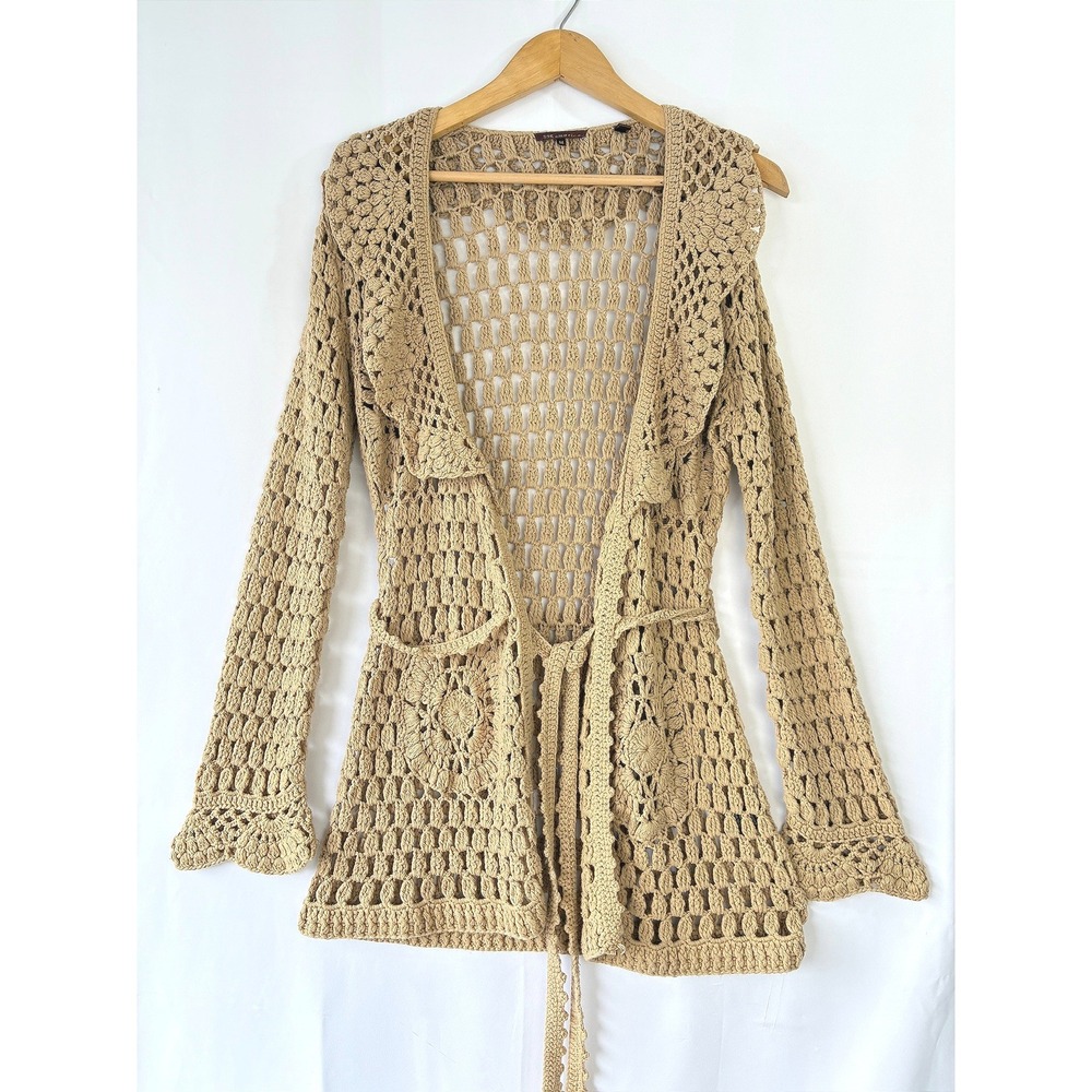 VTG y2k 525 America Tan Crochet Open Knit Granny Cardigan Sweater Boho Cottage
